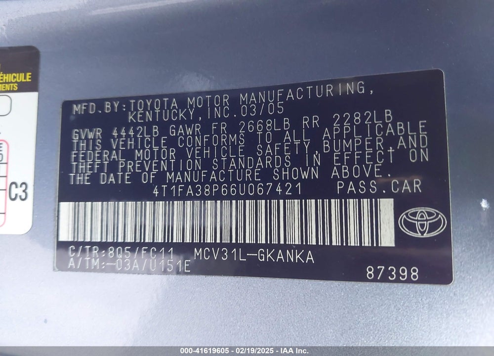 2006 TOYOTA CAMRY SOLARA VIN: 4T1FA38P66U067421