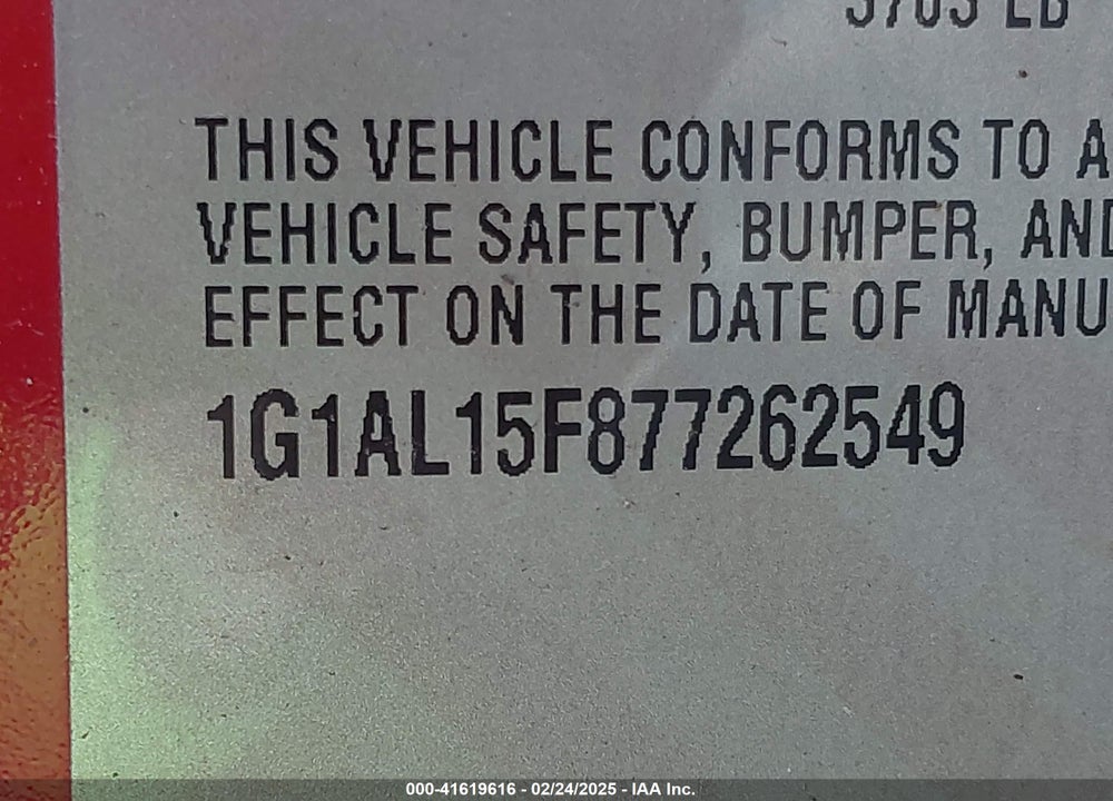 2007 CHEVROLET COBALT VIN: 1G1AL15F877262549