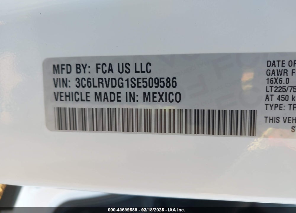 2025 RAM PROMASTER 2500 TRADESMAN HIGH ROOF 159 WB W/PASS SEAT VIN: 3C6LRVDG1SE509586