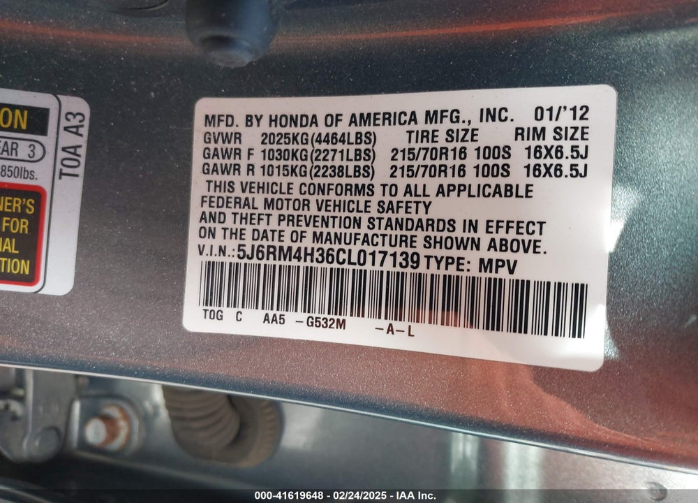 2012 HONDA CR-V LX VIN: 5J6RM4H36CL017139