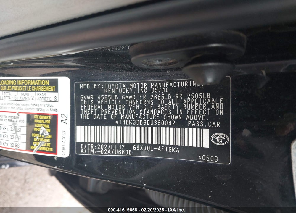 2011 TOYOTA AVALON VIN: 4T1BK3DB8BU380082
