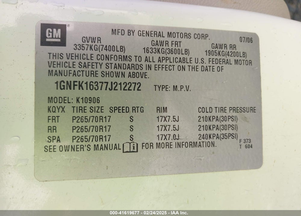 2007 CHEVROLET SUBURBAN 1500 LT VIN: 1GNFK16377J212272