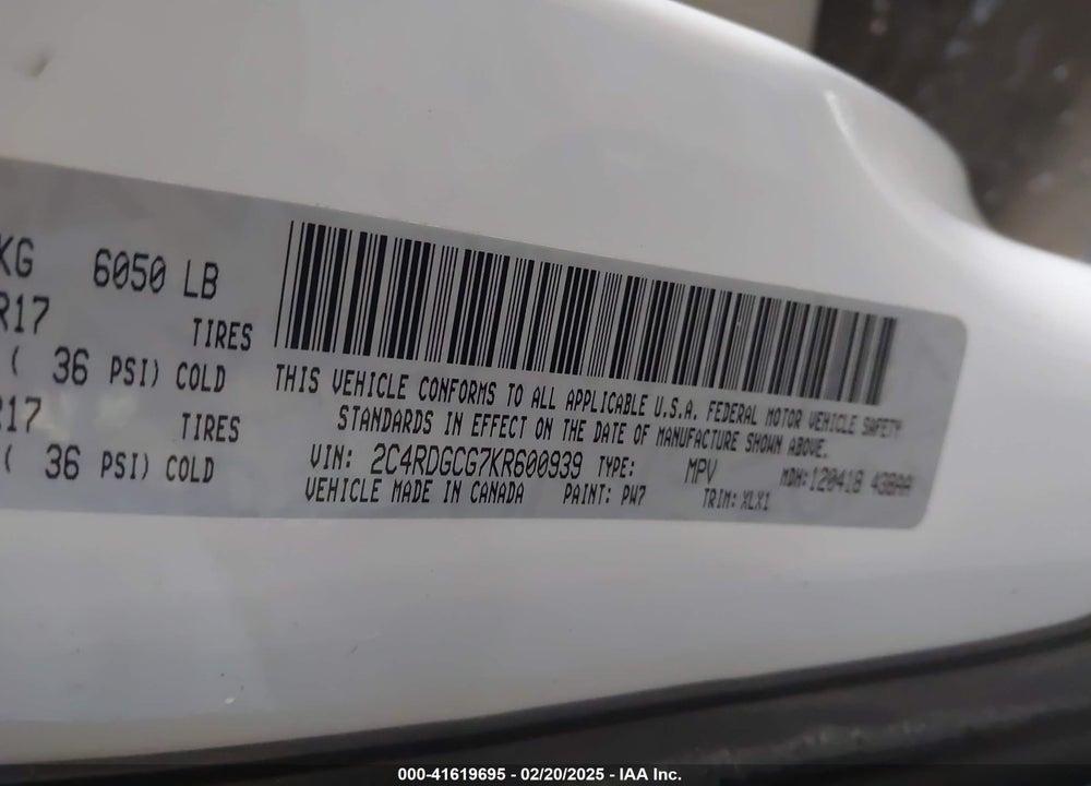 2019 DODGE GRAND CARAVAN SXT VIN: 2C4RDGCG7KR600939