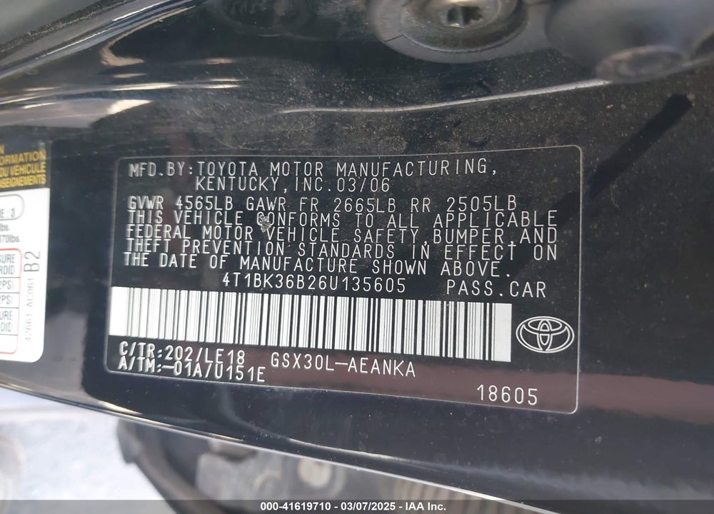 2006 TOYOTA AVALON VIN: 4T1BK36B26U135605