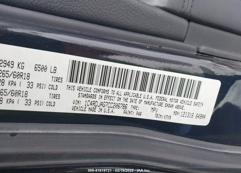 2012 DODGE DURANGO VIN: 1C4RDJAG7CC206786