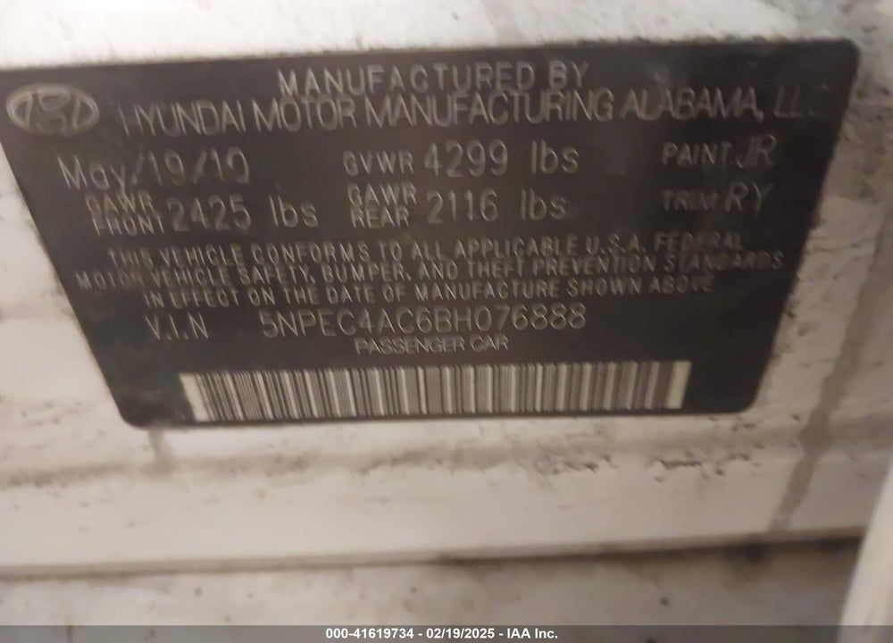 2011 HYUNDAI SONATA SE VIN: 5NPEC4AC6BH076888