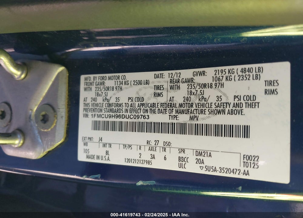 2013 FORD ESCAPE VIN: 1FMCU9H96DUC09763