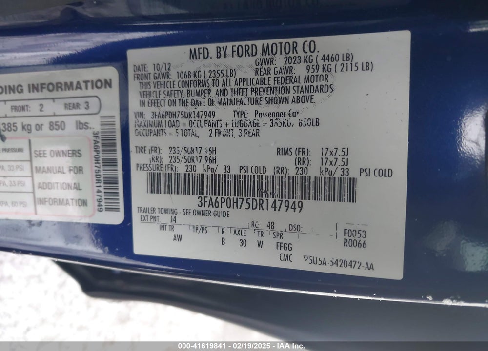 2013 FORD FUSION VIN: 3FA6P0H75DR147949