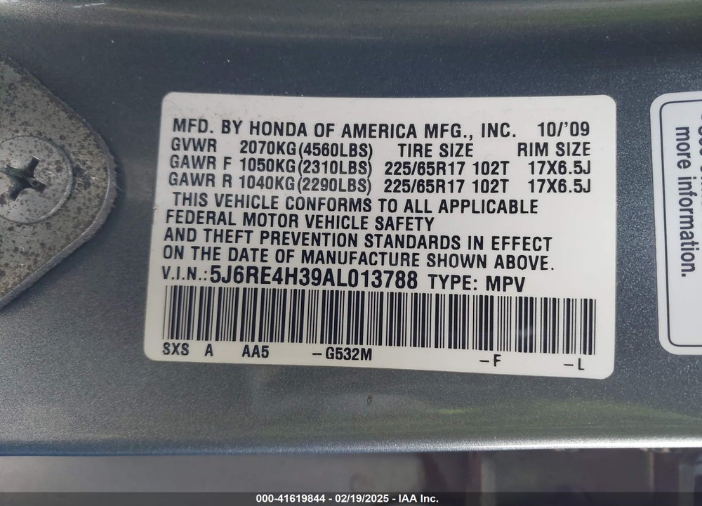2010 HONDA CR-V LX VIN: 5J6RE4H39AL013788