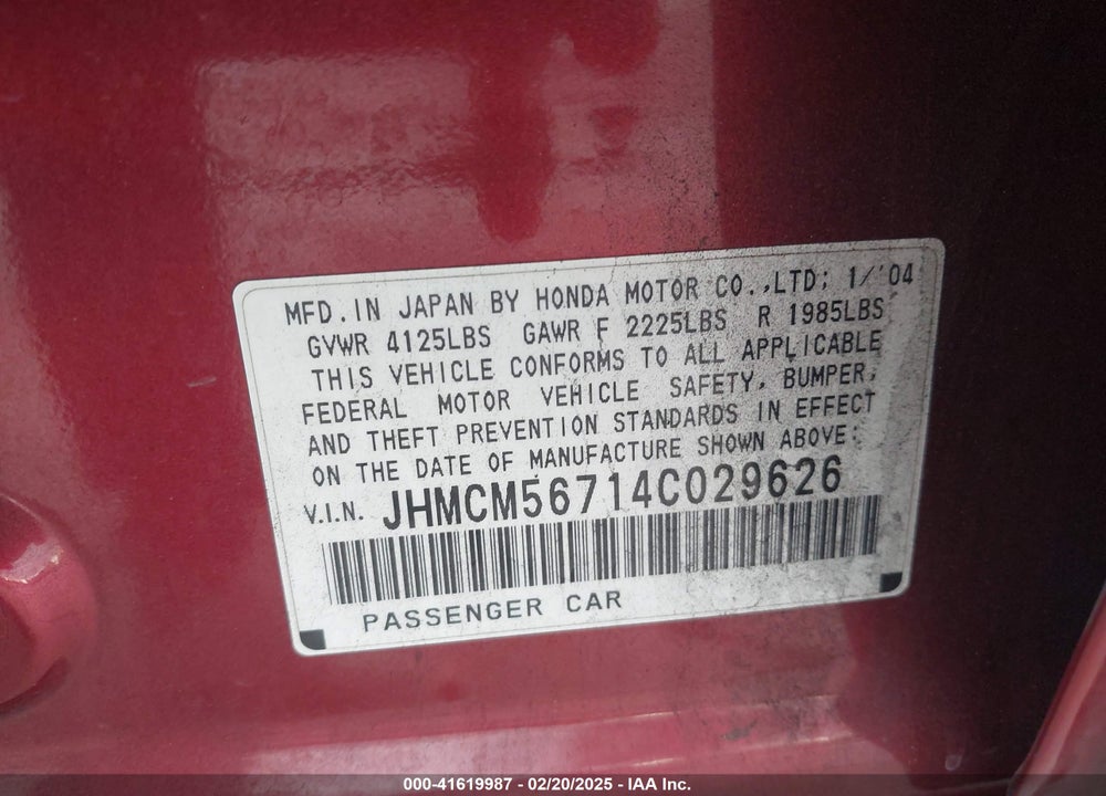 2004 HONDA ACCORD 2.4 EX VIN: JHMCM56714C029626