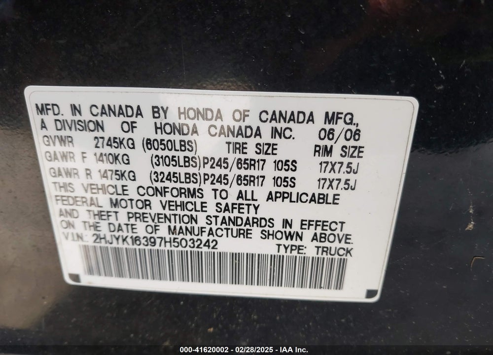 2007 HONDA RIDGELINE RTX VIN: 2HJYK16397H503242