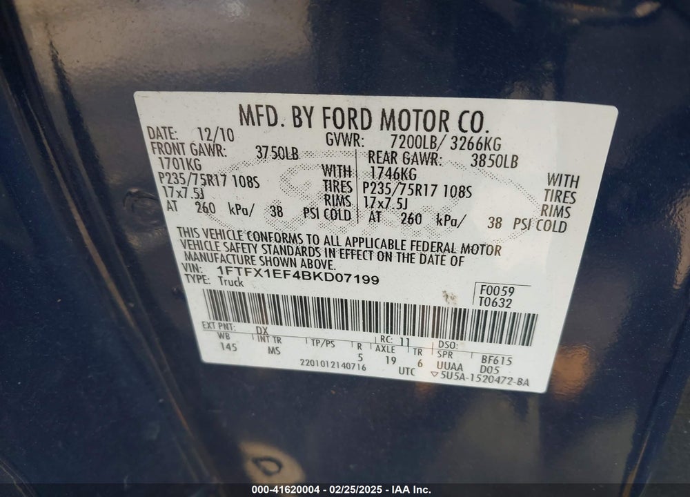 2011 FORD F-150 XLT VIN: 1FTFX1EF4BKD07199