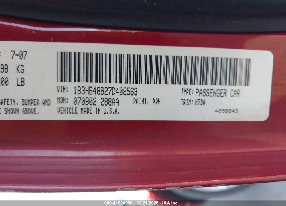 2007 DODGE CALIBER VIN: 1B3HB48B27D408563