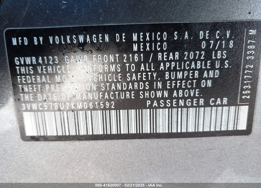 2019 VOLKSWAGEN JETTA VIN: 3VWC57BU7KM061592