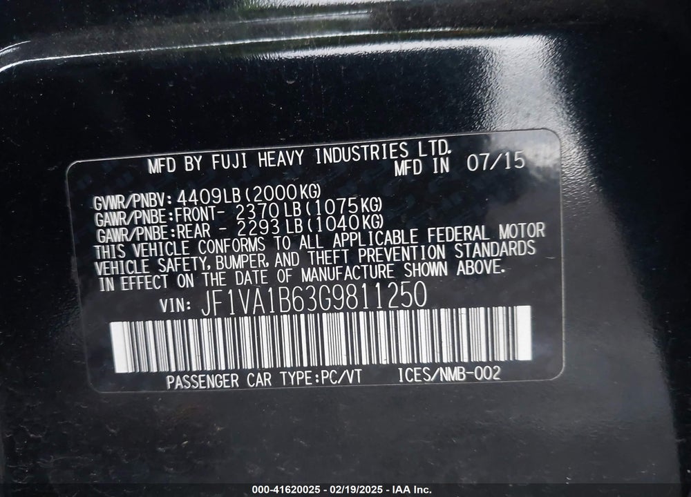 2016 SUBARU WRX VIN: JF1VA1B63G9811250
