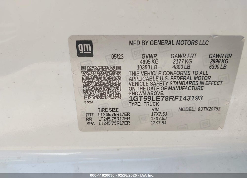2024 GMC SIERRA 2500HD 4WD DOUBLE CAB STANDARD BED PRO VIN: 1GT59LE78RF143193