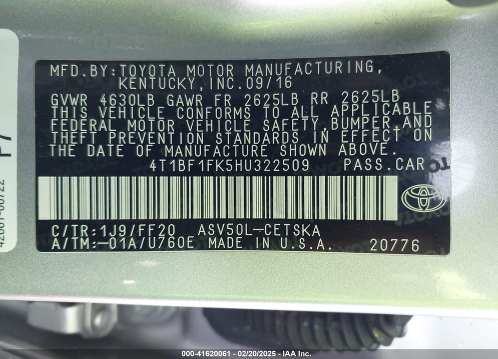 2017 TOYOTA CAMRY VIN: 4T1BF1FK5HU322509