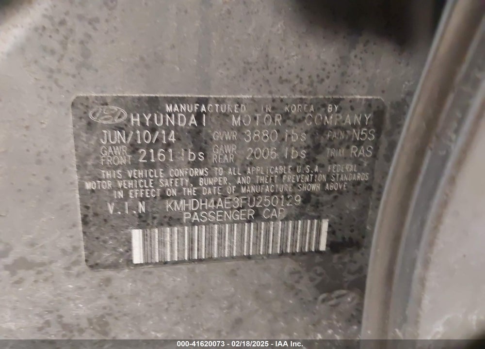 2015 HYUNDAI ELANTRA VIN: KMHDH4AE3FU250129