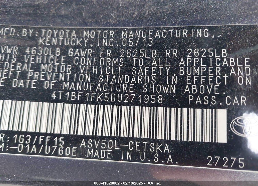 2013 TOYOTA CAMRY VIN: 4T1BF1FK5DU271958
