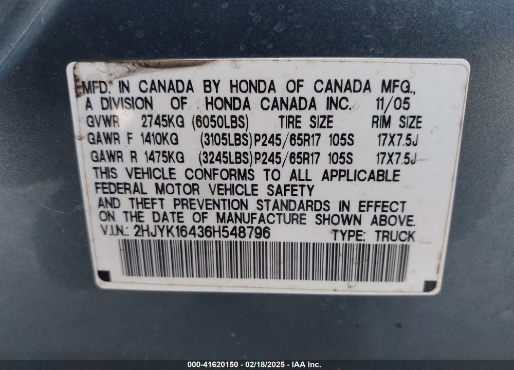 2006 HONDA RIDGELINE RTS VIN: 2HJYK16436H548796