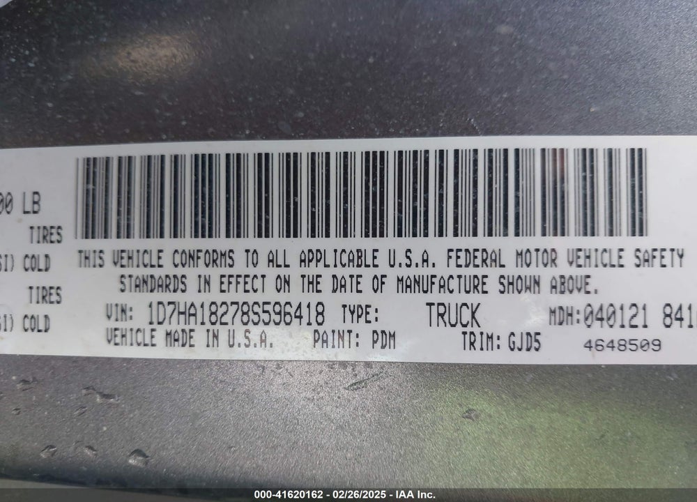 2008 DODGE RAM 1500 LARAMIE VIN: 1D7HA18278S596418