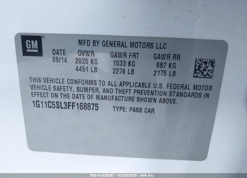 2015 CHEVROLET MALIBU VIN: 1G11C5SL3FF168875