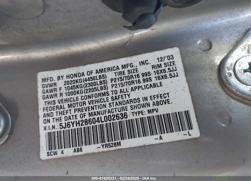 2004 HONDA ELEMENT EX VIN: 5J6YH28604L002636
