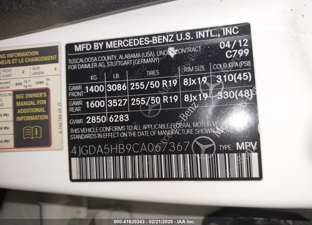 2012 MERCEDES-BENZ ML 350 4MATIC VIN: 4JGDA5HB9CA067367
