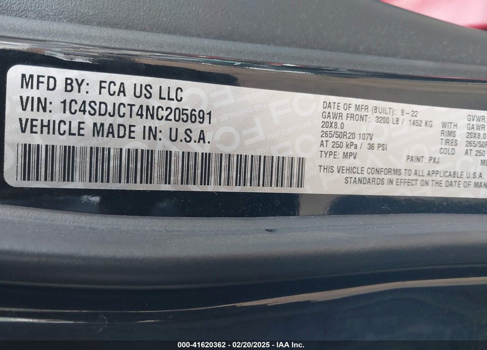 2022 DODGE DURANGO VIN: 1C4SDJCT4NC205691