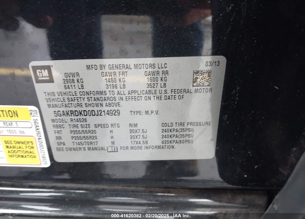 2013 BUICK ENCLAVE VIN: 5GAKRDKD0DJ214929