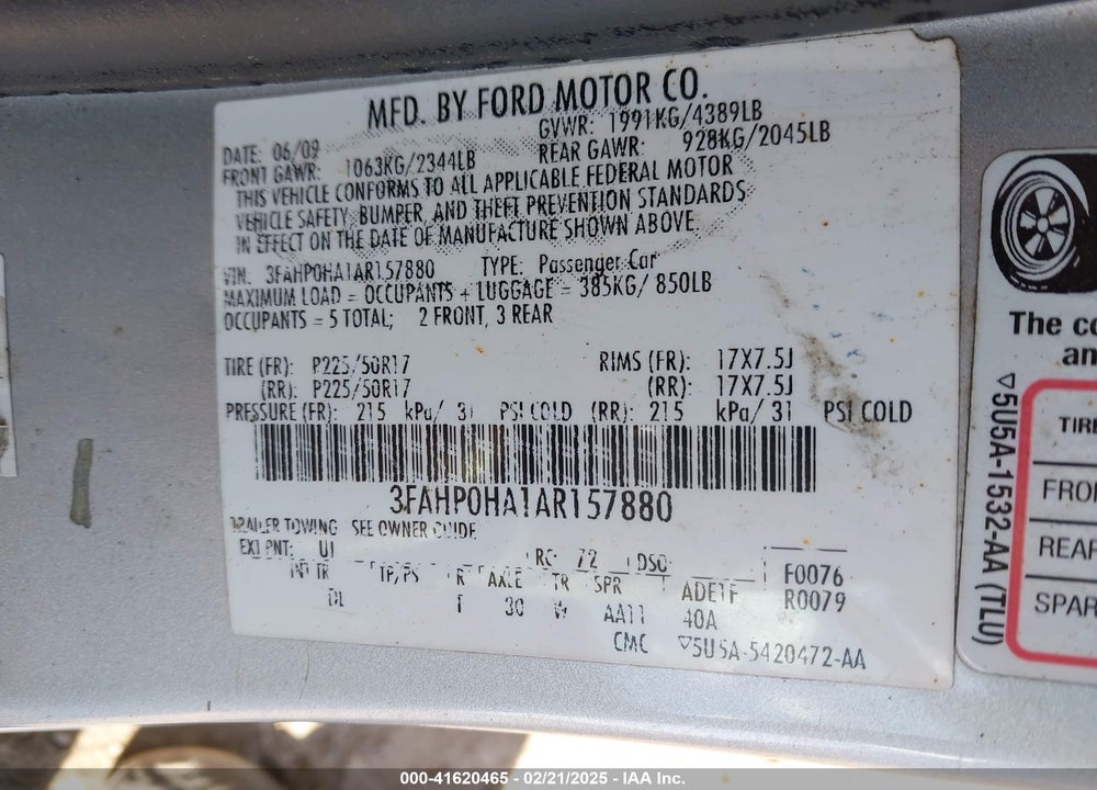 2010 FORD FUSION VIN: 3FAHP0HA1AR157880