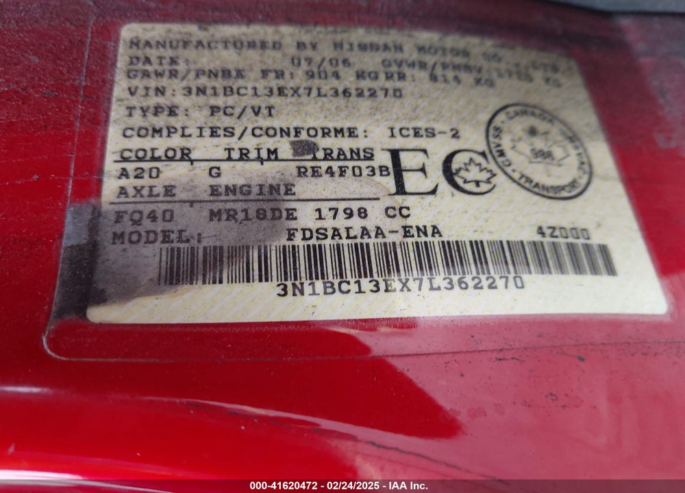 2007 NISSAN VERSA VIN: 3N1BC13EX7L362270