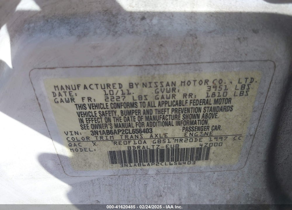 2012 NISSAN SENTRA VIN: 3N1AB6AP2CL656403