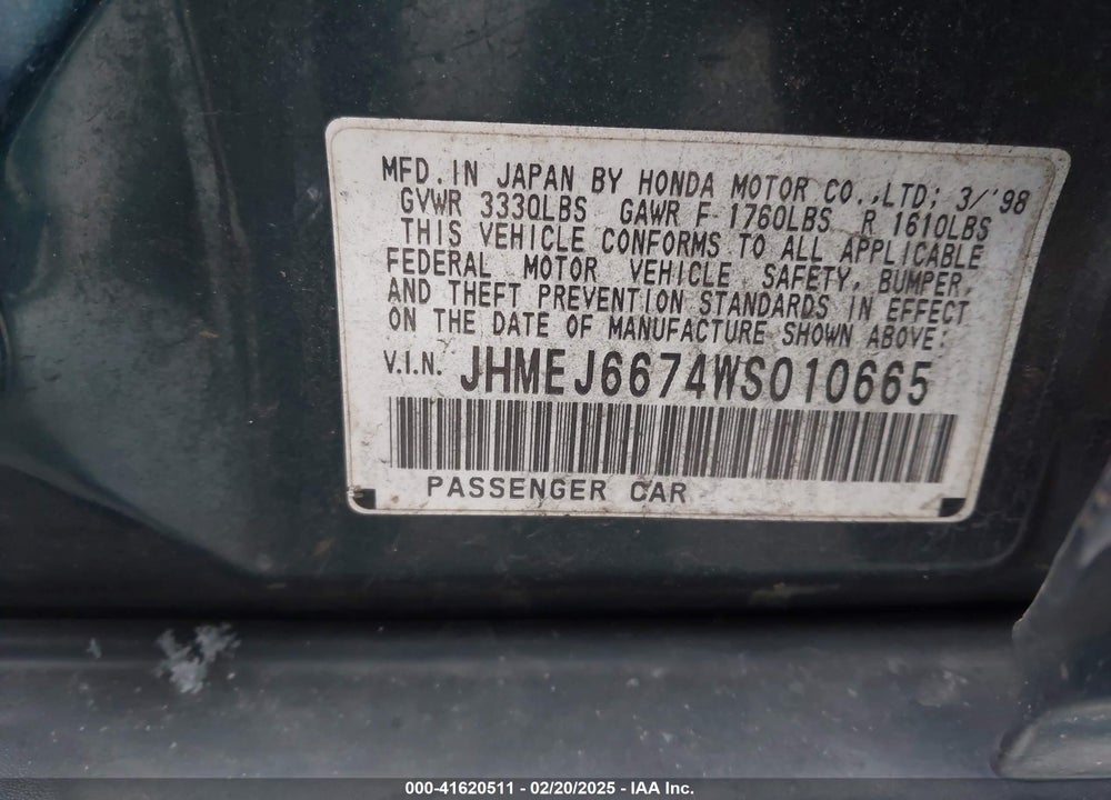 1998 HONDA CIVIC LX VIN: JHMEJ6674WS010665