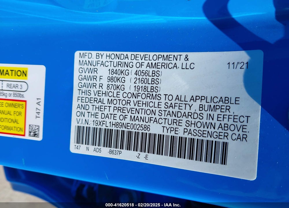 2022 HONDA CIVIC VIN: 19XFL1H89NE002586