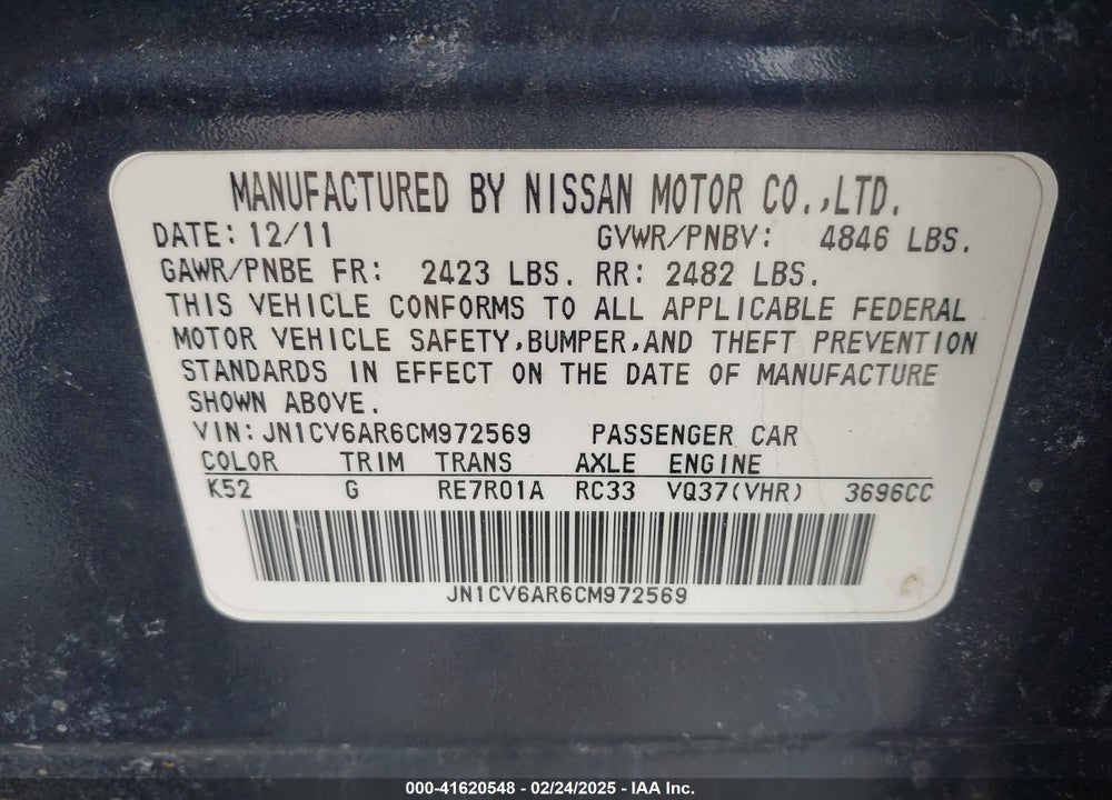 2012 INFINITI G37X VIN: JN1CV6AR6CM972569