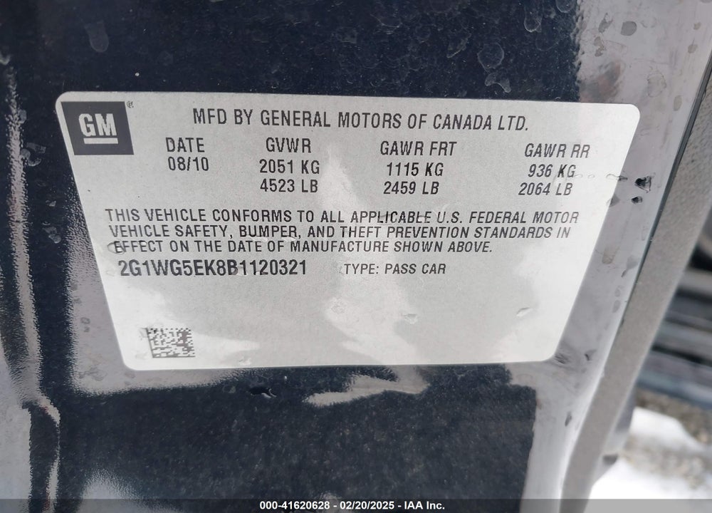 2011 CHEVROLET IMPALA VIN: 2G1WG5EK8B1120321