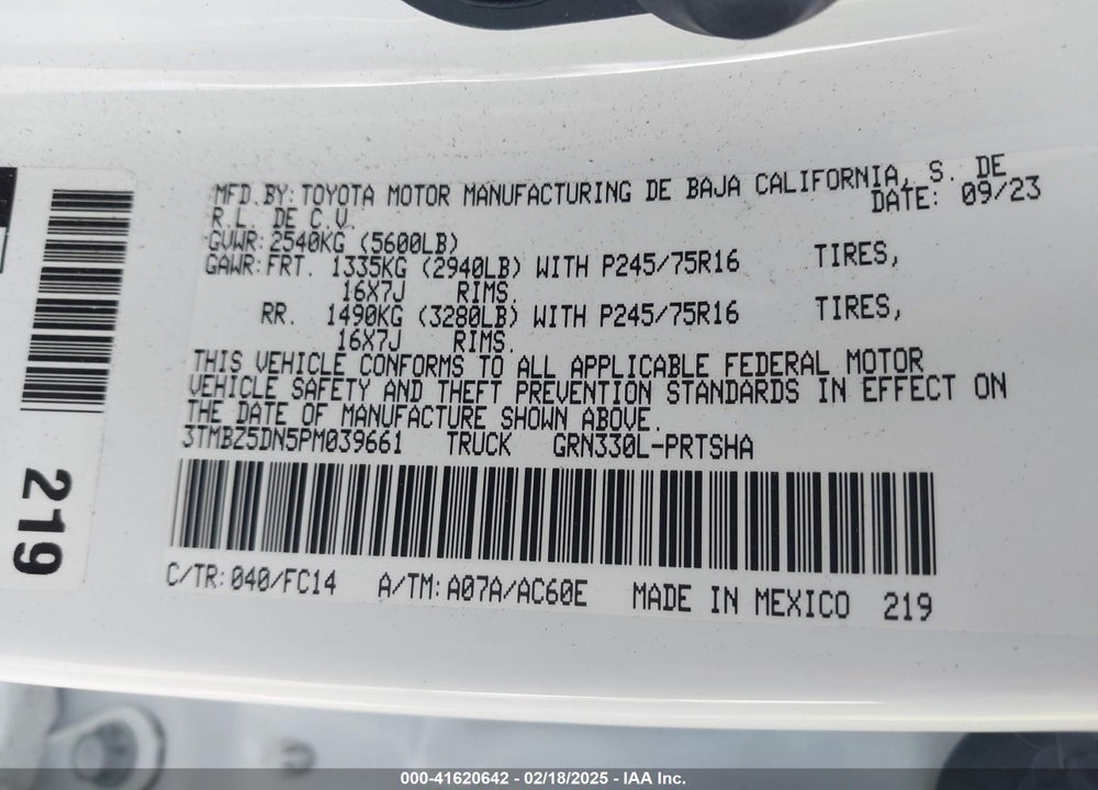 2023 TOYOTA TACOMA SR5 V6 VIN: 3TMBZ5DN5PM039661