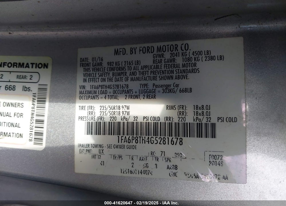 2016 FORD MUSTANG VIN: 1FA6P8TH4G5281678