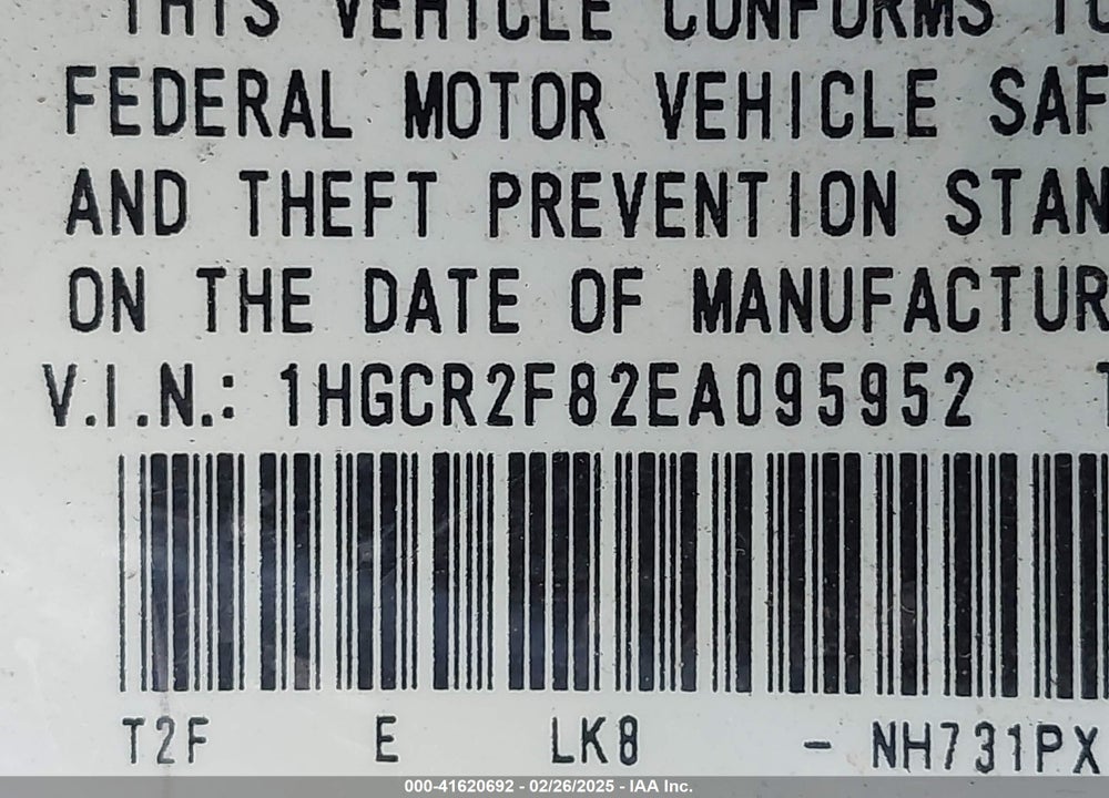 2014 HONDA ACCORD VIN: 1HGCR2F82EA095952