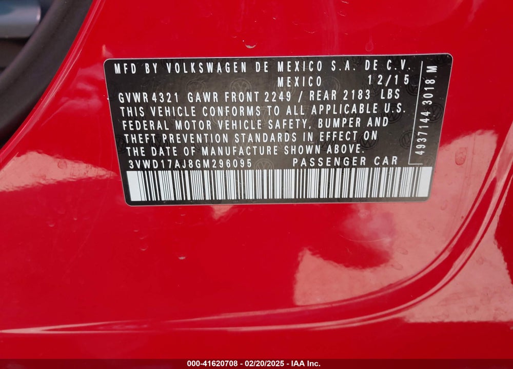 2016 VOLKSWAGEN JETTA VIN: 3VWD17AJ8GM296095