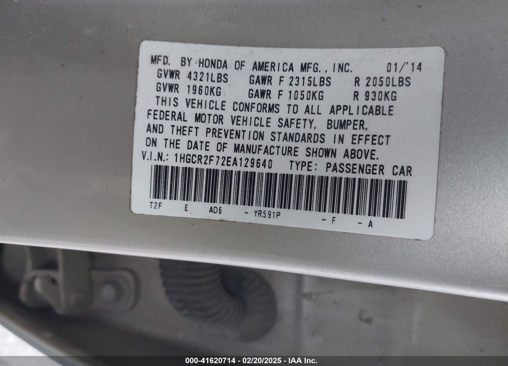 2014 HONDA ACCORD VIN: 1HGCR2F72EA129640