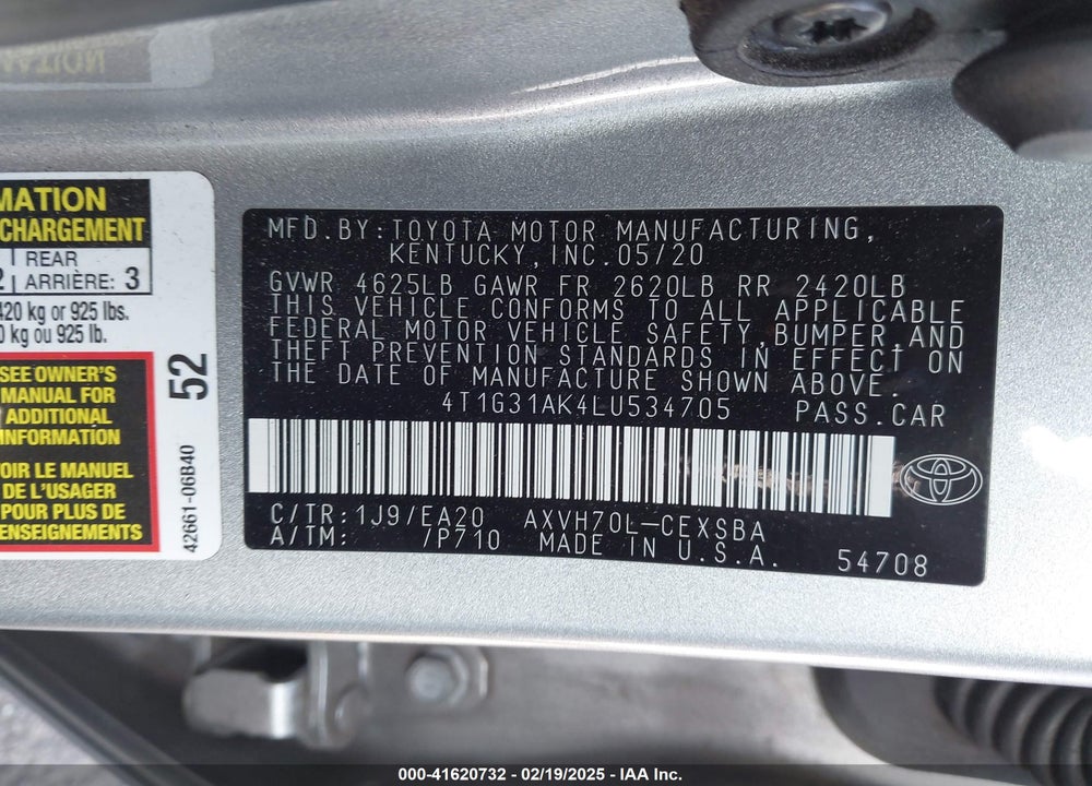 2020 TOYOTA CAMRY VIN: 4T1G31AK4LU534705