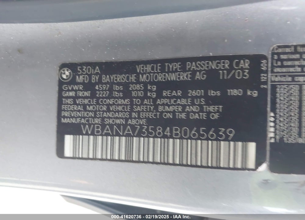 2004 BMW 530I VIN: WBANA73584B065639