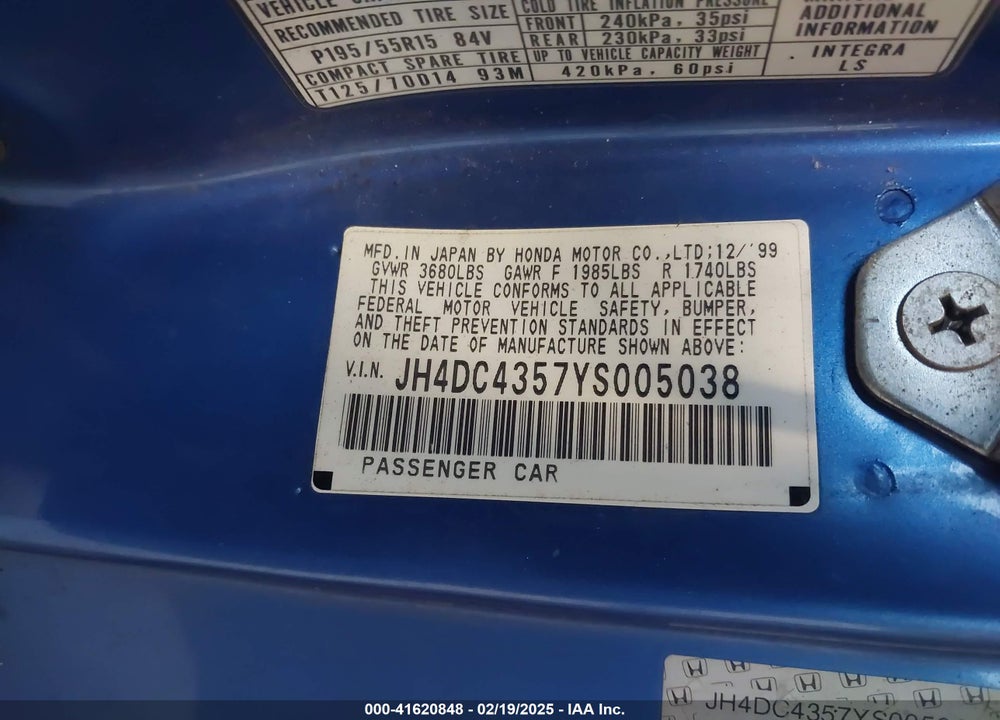 2000 ACURA INTEGRA LS VIN: JH4DC4357YS005038