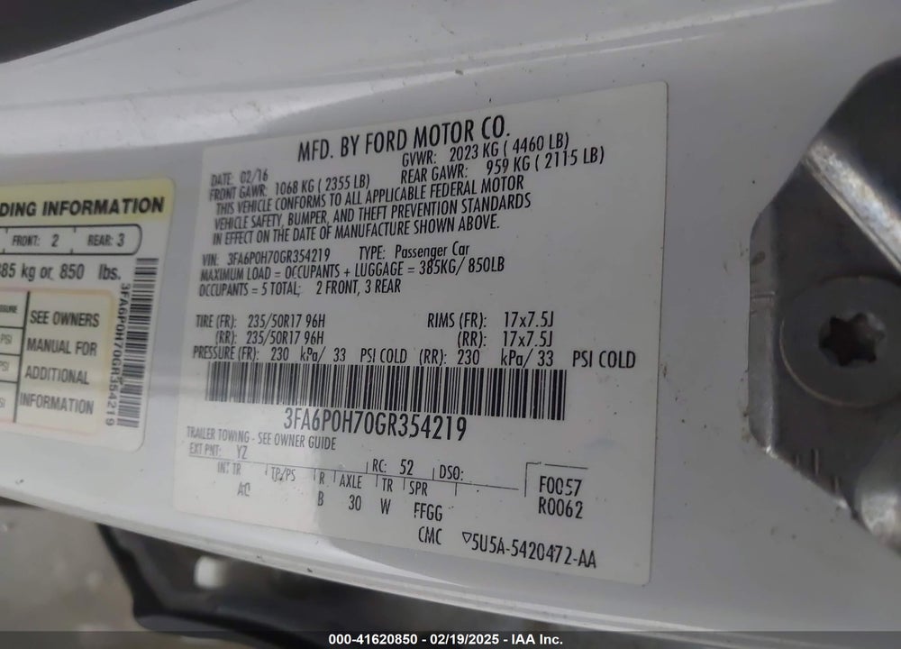 2016 FORD FUSION VIN: 3FA6P0H70GR354219