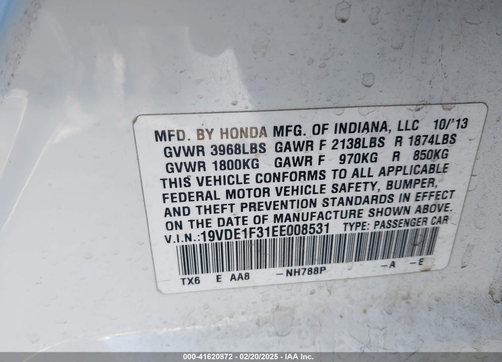 2014 ACURA ILX VIN: 19VDE1F31EE008531
