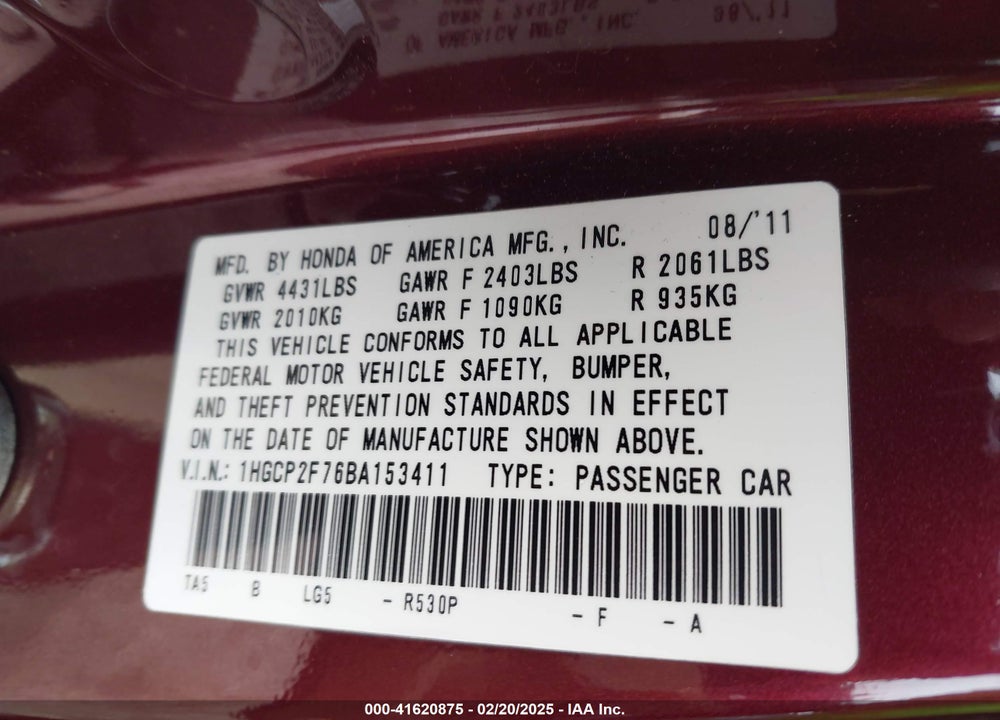 2011 HONDA ACCORD 2.4 EX VIN: 1HGCP2F76BA153411