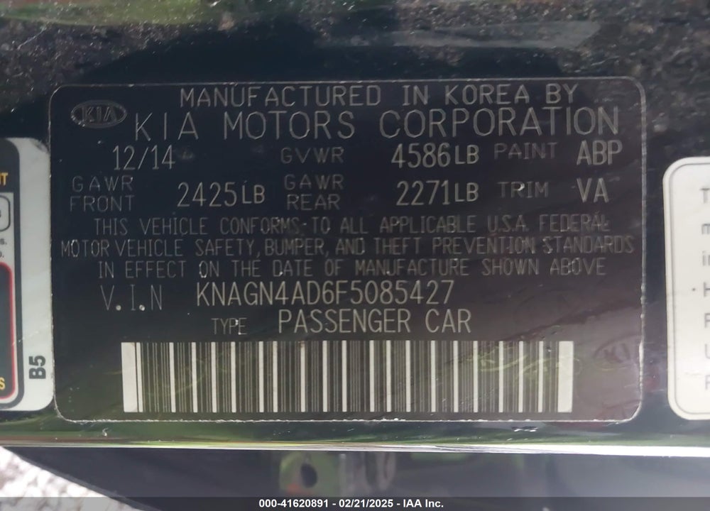2015 KIA OPTIMA HYBRID VIN: KNAGN4AD6F5085427