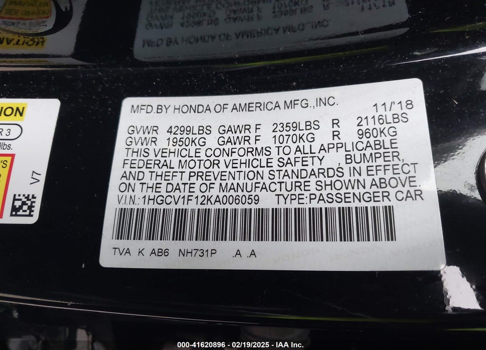 2019 HONDA ACCORD VIN: 1HGCV1F12KA006059